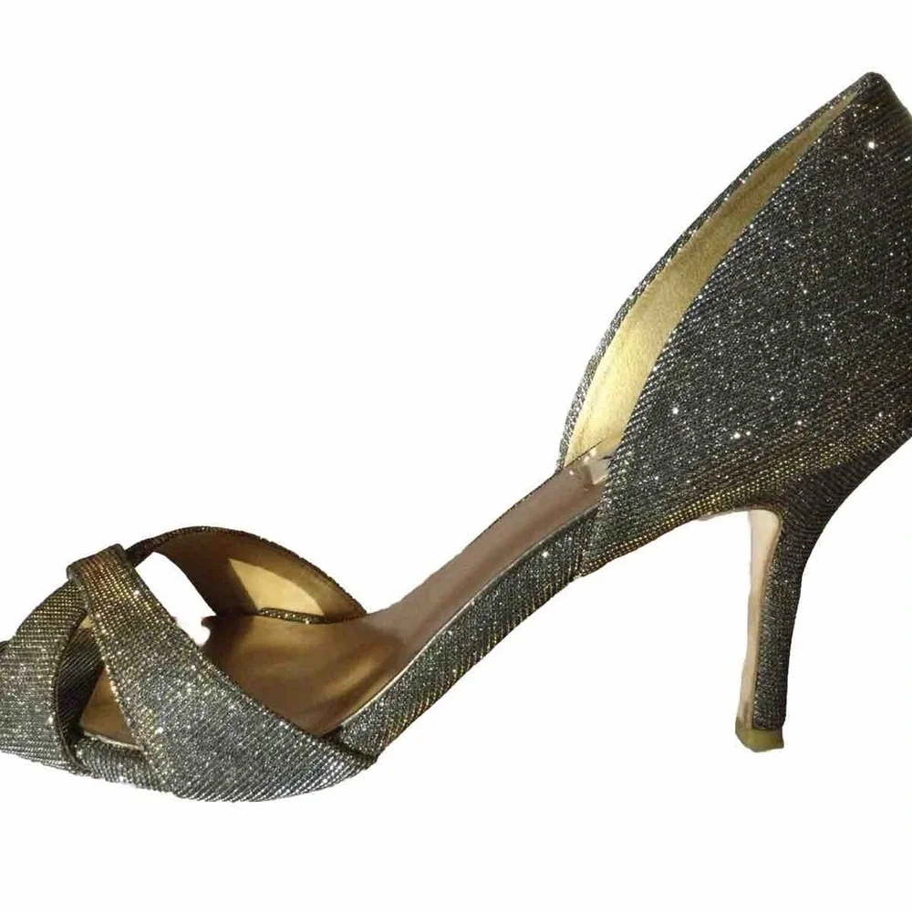 Badgley Mischka Silver Glitter D’Orsay Heels Strappy Evening Pumps 7